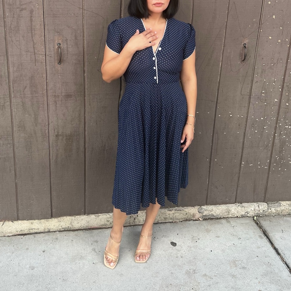 70’s vintage ILGWU navy blue polka dot dress